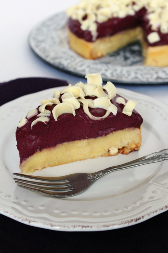 White Chocolate Lemon Gooey Cake with Blueberry Mousse