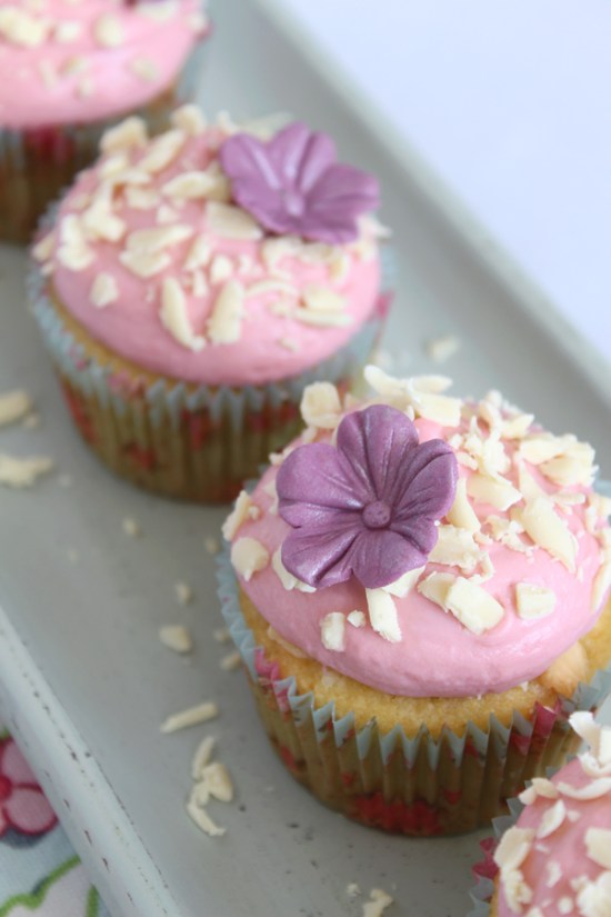 Peach White Chocolate Cupcakes with Raspberry Frosting
