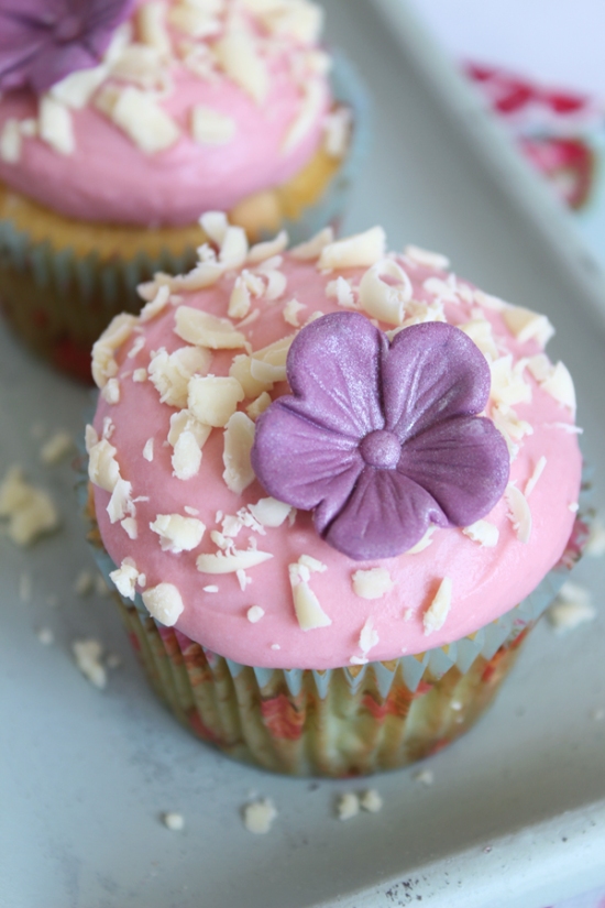 Peach White Chocolate Cupcakes with Raspberry Frosting