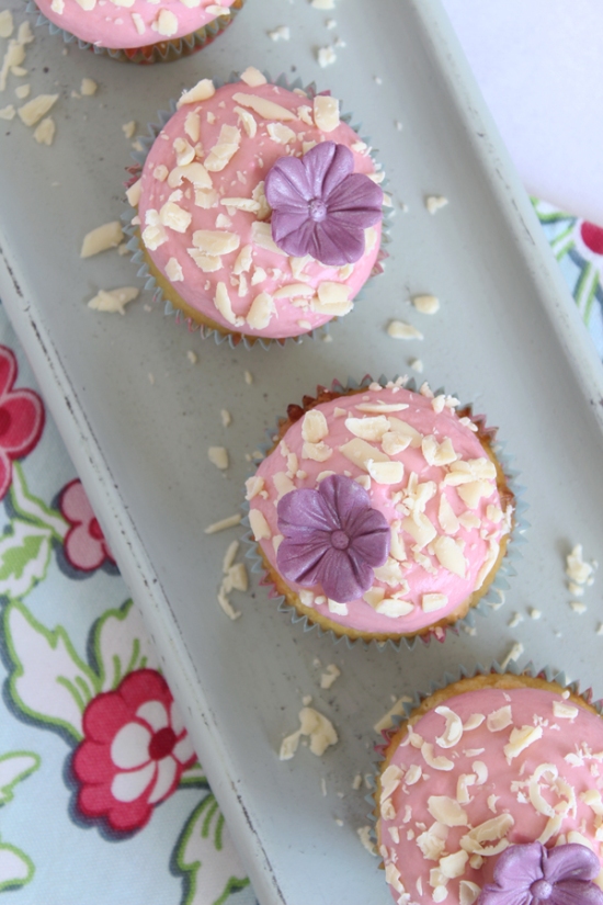 Peach White Chocolate Cupcakes with Raspberry Frosting