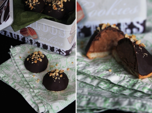 Nutellabiskvier - Almond base, nutella buttercream, dipped in dark chocolate and topped with hazelnuts