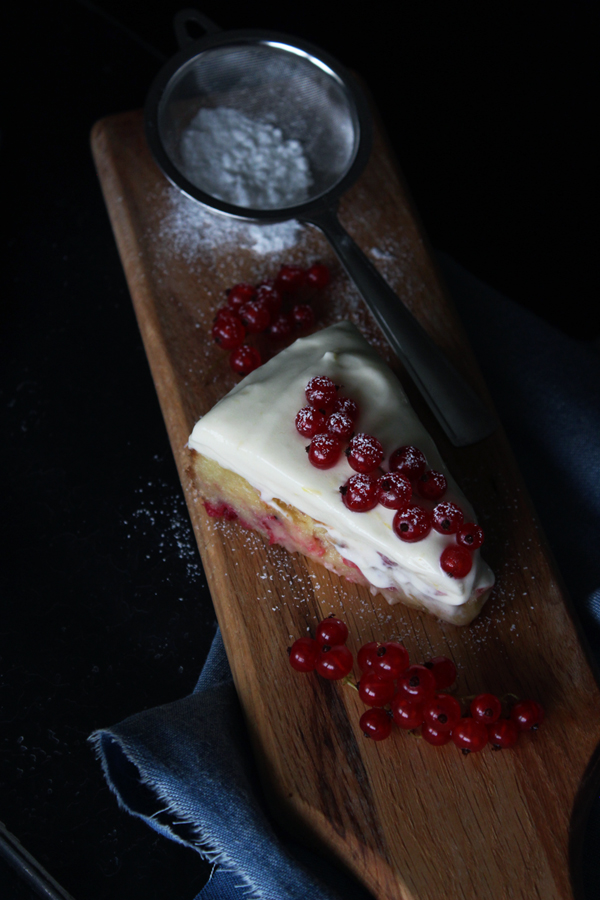 Gooey White Chocolate Red Currant Cake  with Lemon Mousse